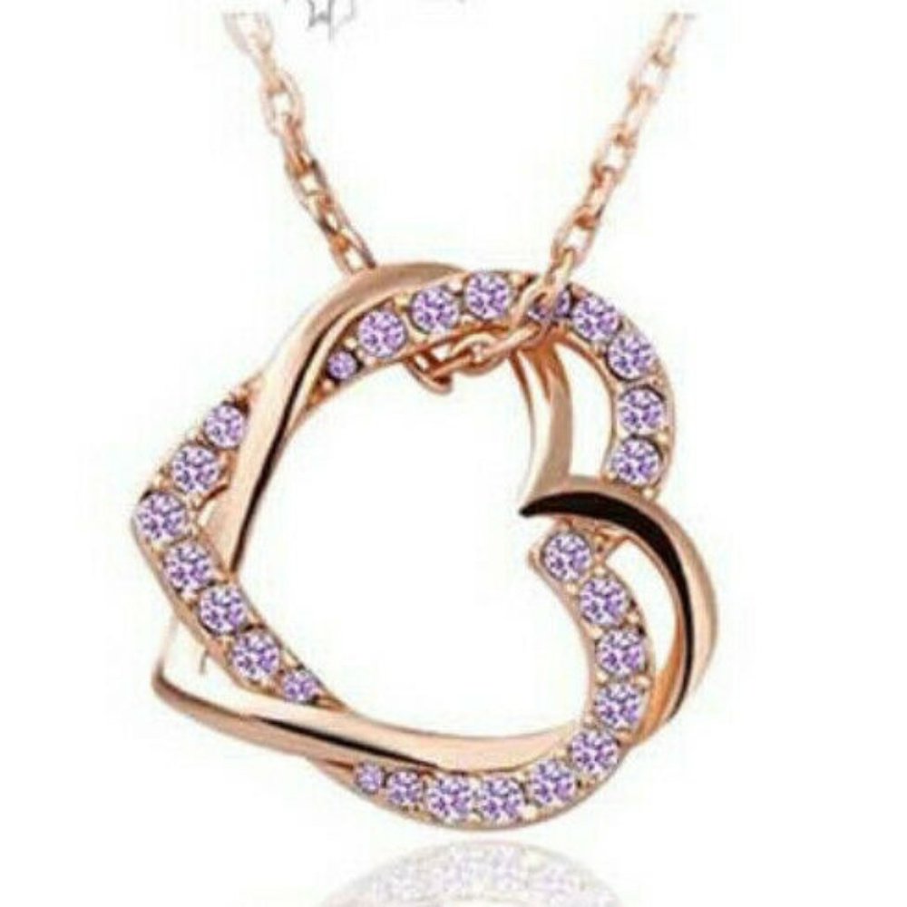 Double Heart Pink Crystal Rhinestone Necklace